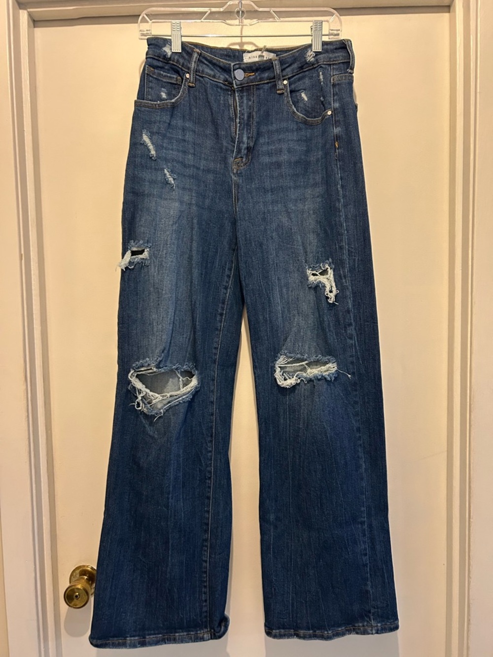 High-Rise Distressed Wide-Leg Jeans in Dark Blue